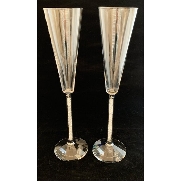 Oleg Cassini Diamond Toasting Flutes Set of Two Champagne Signed Wedding 10 3/4" - Picture 1 of 8